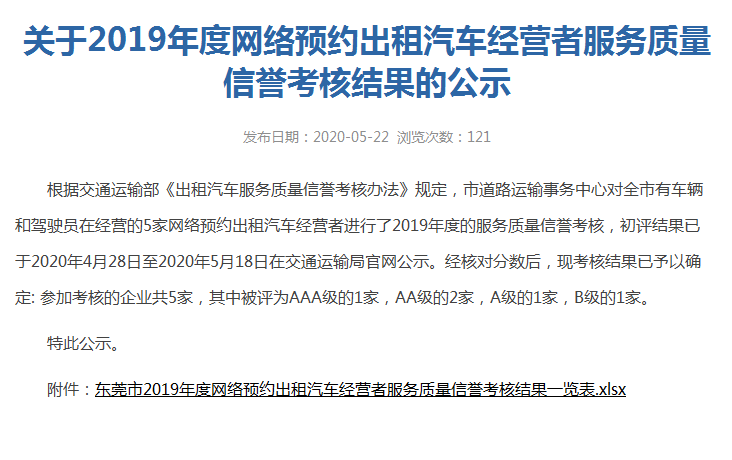 東莞滴滴網(wǎng)約車平臺2019年考核不達標，需要整改